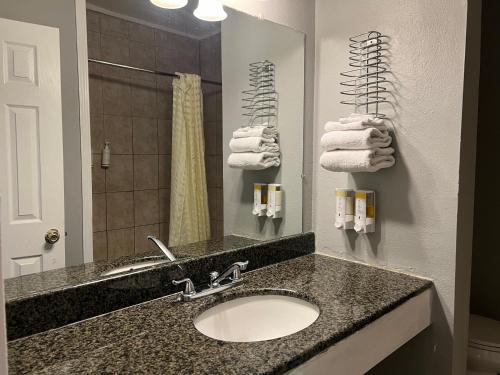 北山北山家乡旅馆的浴室配有盥洗盆、镜子和毛巾