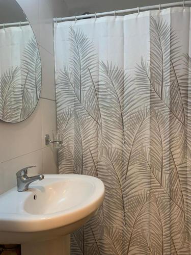 蒙得维的亚Completo Monoambiente de Montevideo Bliss的浴室配有淋浴帘和盥洗盆。