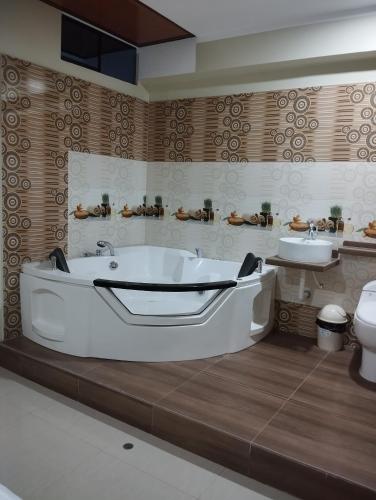 哈恩Hotel Amazon deluxe的带浴缸、盥洗盆和卫生间的浴室