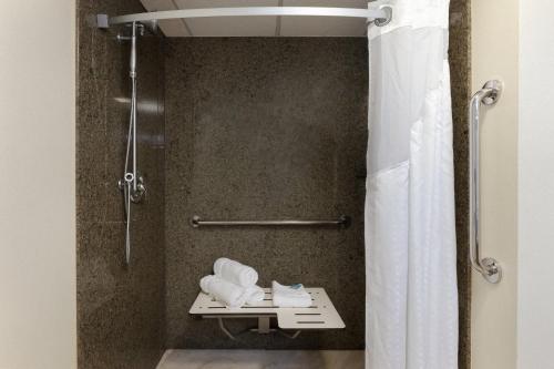 亚特兰大亚特兰大市中心智选假日酒店的一间酒店客房内的淋浴间,配有桌子和毛巾