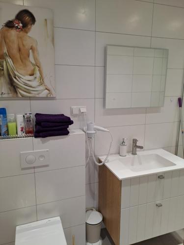 塔尔图Aleksi Apartments的一间带水槽的浴室和一幅女子绘画作品