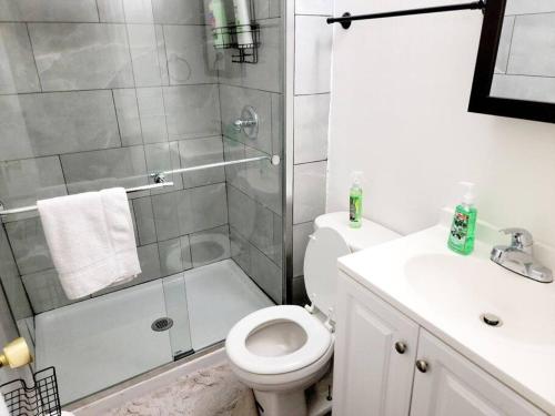 萨默维尔Escape Pine Forest- Getaway Experience的带淋浴、卫生间和盥洗盆的浴室