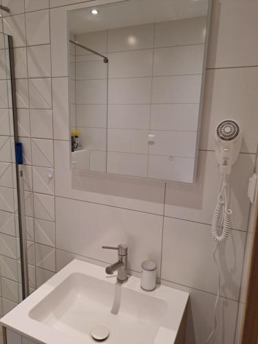 塔尔图Dorpat Apartment的一间带水槽和镜子的浴室