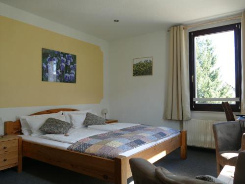 永斯多夫„Frische Quelle“ Jonsdorf的一间卧室设有一张床和一个窗口
