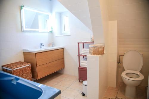米特尔维Villa Camélias, appartement avec jardin partagé et parking的浴室配有卫生间、盥洗盆和浴缸。