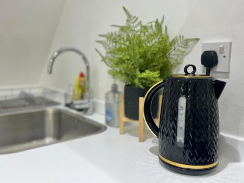 博勒姆伍德2-bed flat in central Borehamwood location的水槽旁的柜台上有一个红茶壶