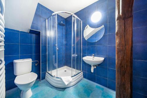 PřimdaLAGUNA Hotel & Restaurant的蓝色瓷砖浴室设有卫生间和水槽