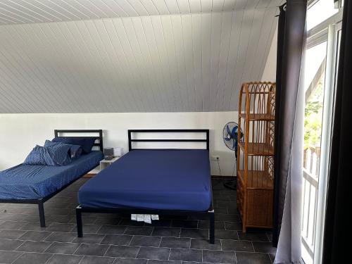 莫雷阿Maison Moehau Iti的一间卧室设有两张床和窗户。