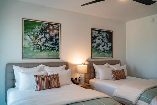 圣何塞德尔卡沃Flamboyan Hotel & Residences的墙上画作的房间里设有两张床