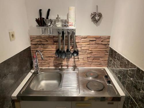 岑平Ferienwohnung Flunder的厨房配有不锈钢水槽和餐具