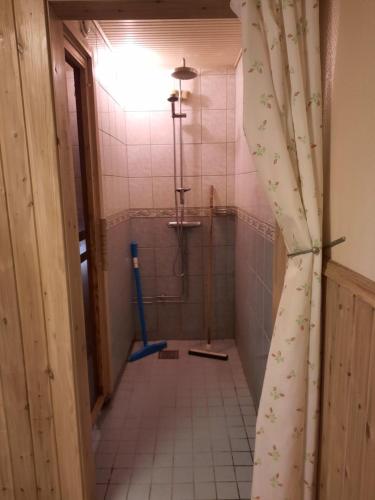 基律纳Kiruna accommodation Gustaf wikmansgatan 6b (6 pers appartment)的带淋浴的浴室,铺有瓷砖地板。