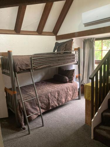 但尼丁Arden Country House - The Chalet Bed and Breakfast的一间卧室设有双层床和楼梯。