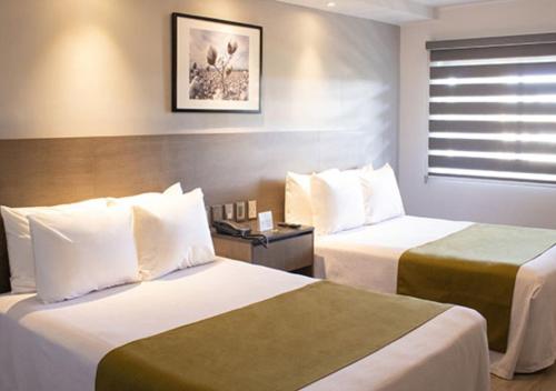 墨西卡利卡拉菲亚酒店的酒店客房设有两张床和窗户。