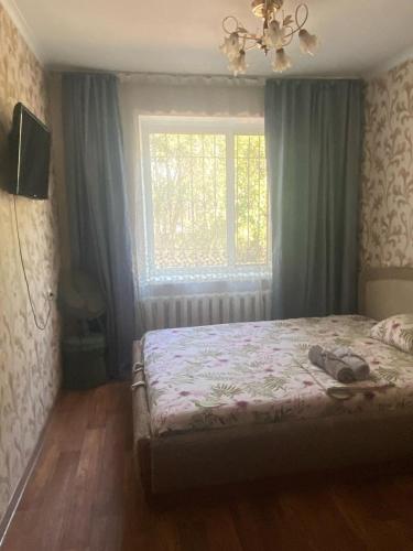 卡拉甘达Тихая теплая уютная однушка的一间卧室设有一张床、一个窗口和一台电视
