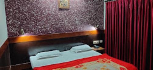 阿格拉Hotel Ajay International Agra的一间卧室配有床和红色窗帘