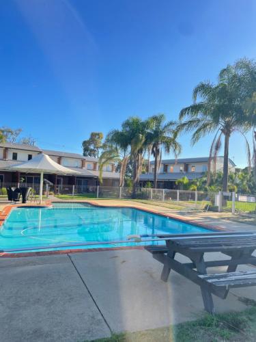 亚勒旺加Sailz Villas的一个带野餐桌和棕榈树的游泳池