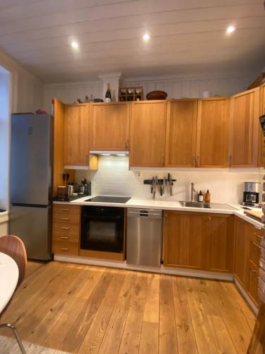 奥斯陆Lovely two bedroom flat in central Oslo的厨房配有木制橱柜和不锈钢用具