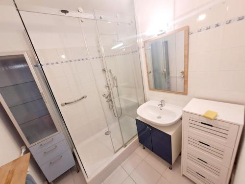 土伦Élégant - Hypercentre - Parking的带淋浴和盥洗盆的白色浴室