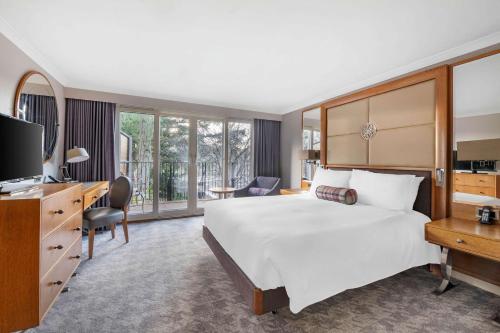 巴拉特Hilton Grand Vacations Club Craigendarroch Suites Scotland的一间卧室配有一张床、一张书桌和一台电视。