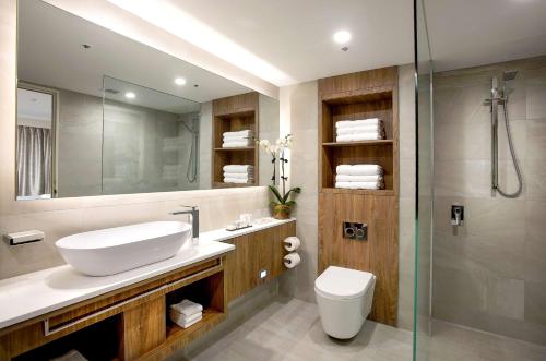 布里斯班布里斯班雷吉斯南岸酒店的一间带水槽、卫生间和淋浴的浴室