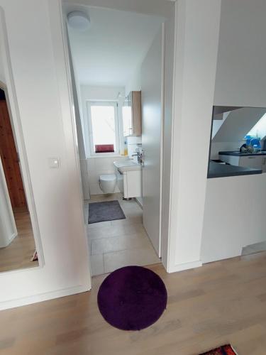 汉堡Peaceful Apartment- 3 Zi- Loggia & Garden in Blankenese-的一间带卫生间的浴室和紫色地毯