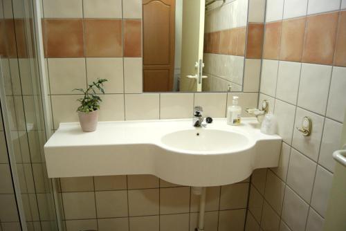 苏特兰True Vesterålen Hotel的浴室设有白色水槽和镜子