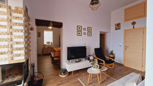 MonólithosSeva Monolithos house的一间带电视和壁炉的客厅