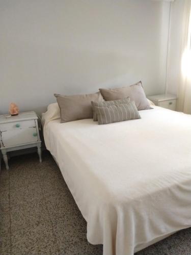 戈多伊克鲁斯Alquiler Casa con pileta的一张带枕头和床头柜的大型白色床