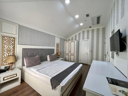 巴库Mensen Hotel Baku的一间卧室配有一张大床和电视