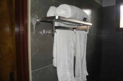莫希Blue Cactus Shanty的浴室内毛巾架和白色毛巾