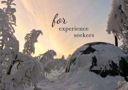 VuontisjärviArctic Nature Experience Glamping的一座雪覆盖的花园,里面为经验丰富的寻求者提供言语