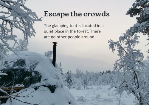 VuontisjärviArctic Nature Experience Glamping的一片雪覆盖的森林里,满是词,逃离了人群