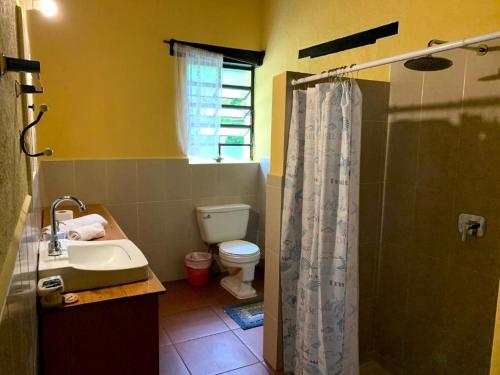 帕纳哈切尔Villas JABEL TINAMIT的浴室配有卫生间、盥洗盆和淋浴。