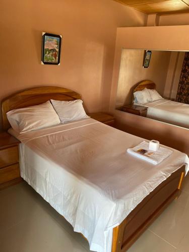 AguaytíaHOSTAL LOS NOGALES的一间卧室配有两张带白色床单的床