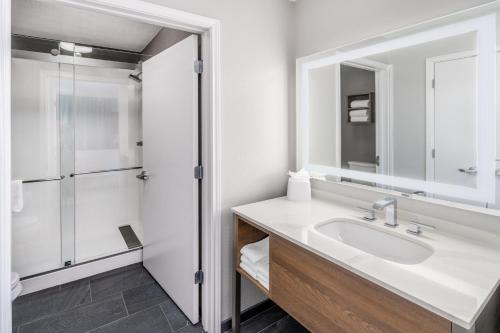 丹佛丹佛樱桃溪驻桥套房酒店的一间带水槽和淋浴的浴室