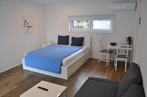 卢布尔雅那Apartments Trnovo的一间小卧室,配有一张床和一张桌子