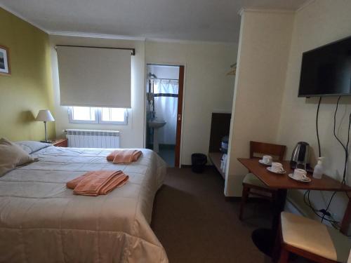 埃尔卡拉法特Los Lagos Hotel的酒店客房配有一张床、一张书桌和一台电视。