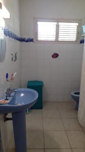 法兰西堡JOYAUX DE TIVOLI VILLA的浴室配有蓝色水槽和卫生间。