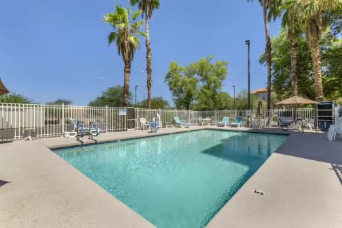 钱德勒Comfort Inn Chandler - Phoenix South I-10的一个带椅子的游泳池,棕榈树