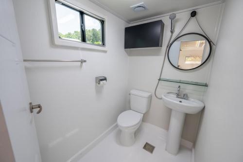 加平Gapyeong Olden Caravan & Pension - Pet Friendly的一间带卫生间、水槽和镜子的浴室