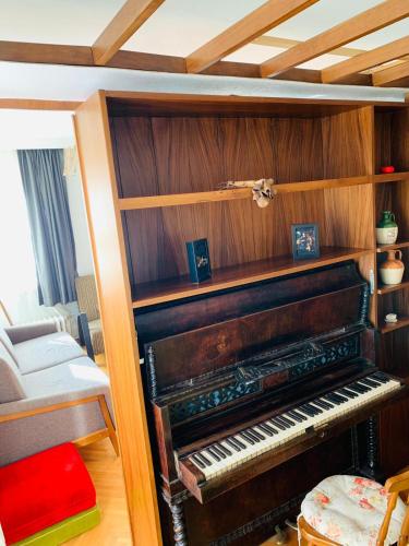 安卡拉Merkezde elçiliklere yakın konforlu özel oda的木墙房间内的一架老式钢琴