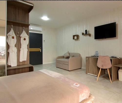 米戈韦Four Seasons In Carpathians的一间卧室配有一张床、一张沙发和一台电视