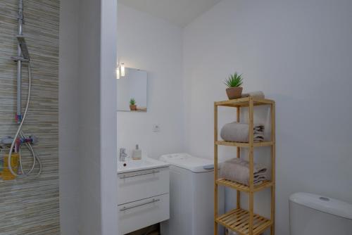 布雷斯地区布尔格Le Tournassin-Balcon-Stationnement gratuit的一间带水槽、卫生间和淋浴的浴室