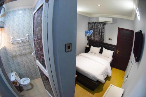 AroRemzy Hotel & Suites, Olomore的一间带一张床和淋浴的小卧室