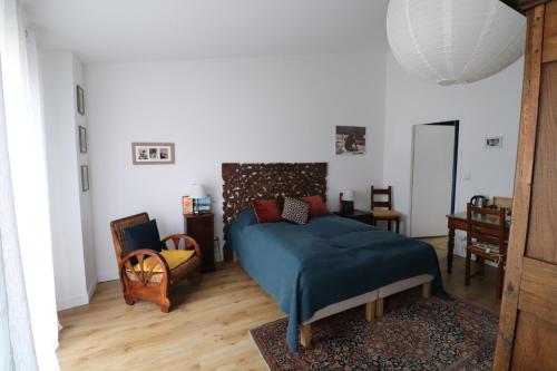 波尔多CHAMBRES chez l'habitant Córdoba et Lhassa的一间卧室配有一张带蓝色毯子的床