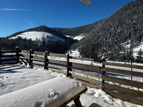 维拉尔-德朗Chalet de Montagne Villard de Lans的围栏旁的雪覆盖的长凳