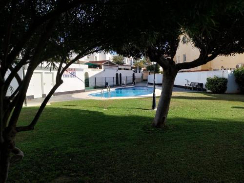 马拉加Chalet en Málaga, Torremolinos, cerca de la playa的树荫庭院中的游泳池