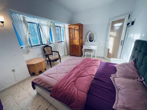 拉马萨Villa le bon coin de la marsa的一间卧室配有一张大紫色的床和一把椅子