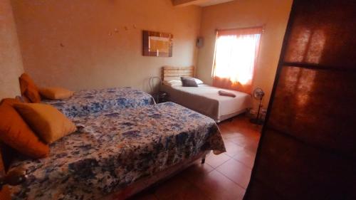 圣地亚哥阿蒂特兰Hosteria del Centro的一间卧室设有两张床和窗户。