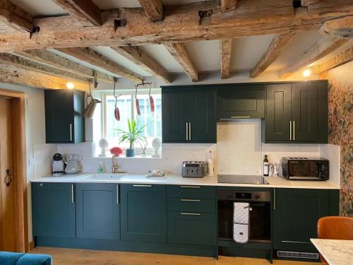 莱纳姆The Manor Pen的厨房配有绿色橱柜和水槽